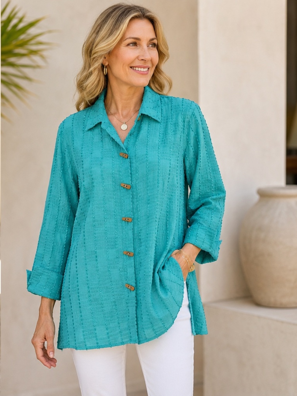 Multiples Turquoise Textured Button Front Tunic Top Size L NWOT